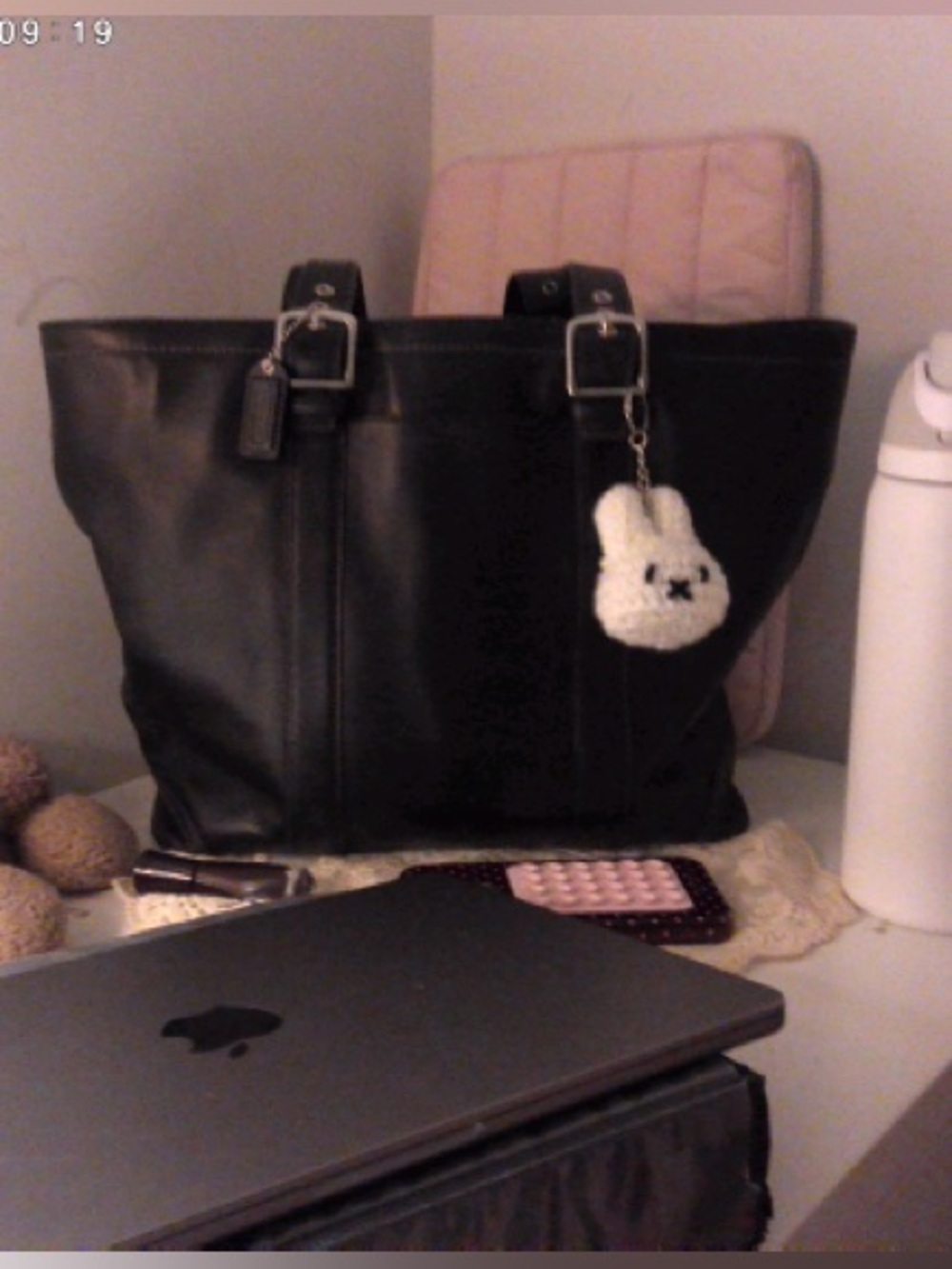 Coach Black Leather Tote with Bunny Charm